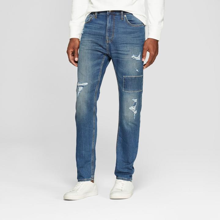 Men's Taper Fit Medium Patched With Destruction Jeans - Goodfellow & Co Vintage Indigo