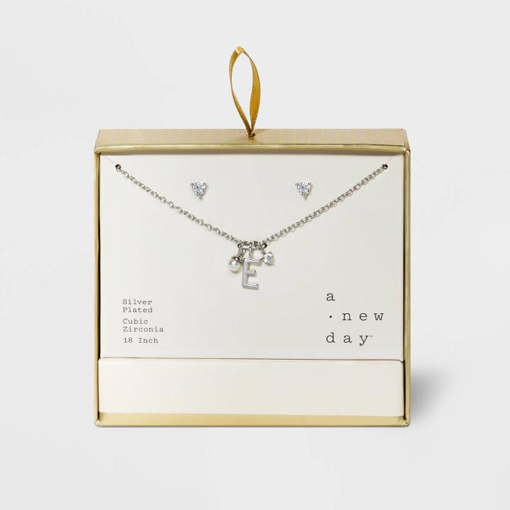 Silver Plated With Cubic Zirconia And Pearl Initial E Charm Cluster Necklace And Earring Set - A New Day