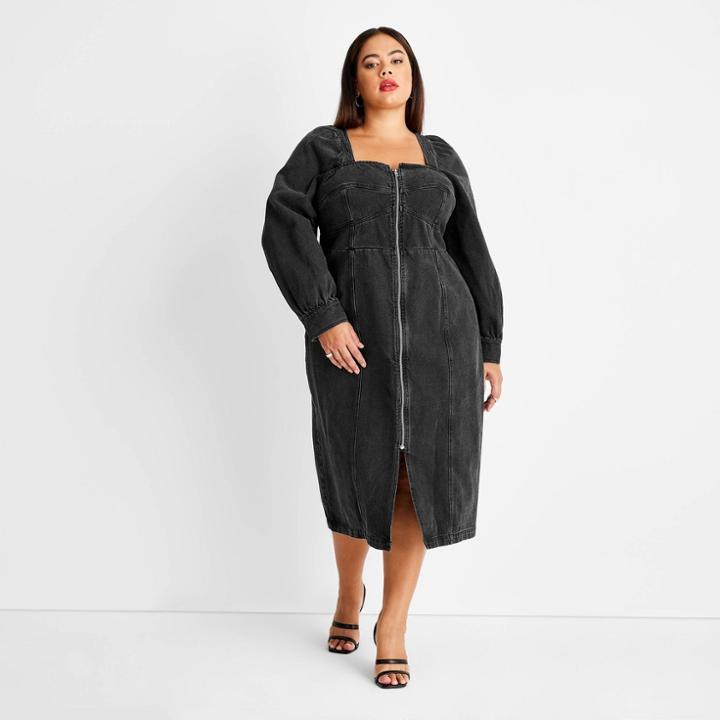 Women's Plus Size Puff Long Sleeve Zip-front Denim A-line Dress - Future Collective With Kahlana Barfield Brown Black Denim