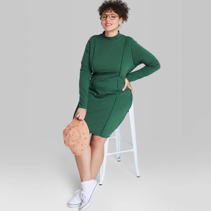 Women's Plus Size Long Sleeve Seamed Knit Bodycon Dress - Wild Fable Dark Green
