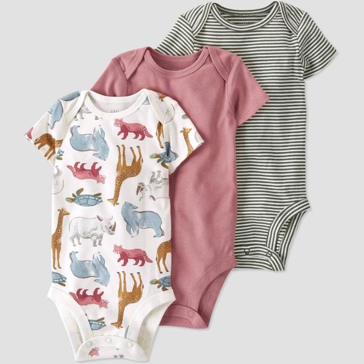 Baby 3pk Organic Cotton Endangered Animals Bodysuit - Little Planet By Carter's Green/pink Nb