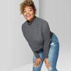 Women's Plus Size Long Sleeve Mock Neck Boxy T-shirt - Wild Fable Gray