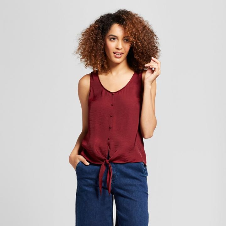 Women's Button Front Tie Tank - A New Day Burgundy (red)