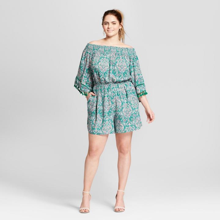 Women's Floral Print Plus Size Off The Shoulder Romper - Xhilaration Green