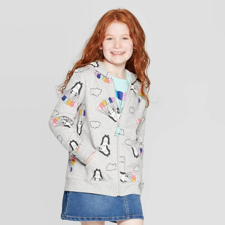 Girls' Long Sleeve Panda Print Zip-up Fleece Hoodie - Cat & Jack Gray