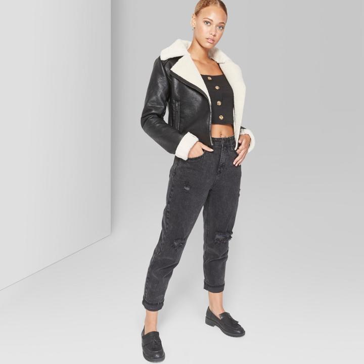 Women's Sherpa Lined Faux Leather Moto Jacket - Wild Fable Black