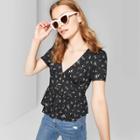 Women's Floral Print Short Sleeve V-neck Button Front Peplum Top - Wild Fable Black