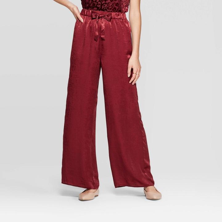 Women's Mid-rise Tie Front Satin Wide Leg Palazzo Pants - Xhilaration Burgundy