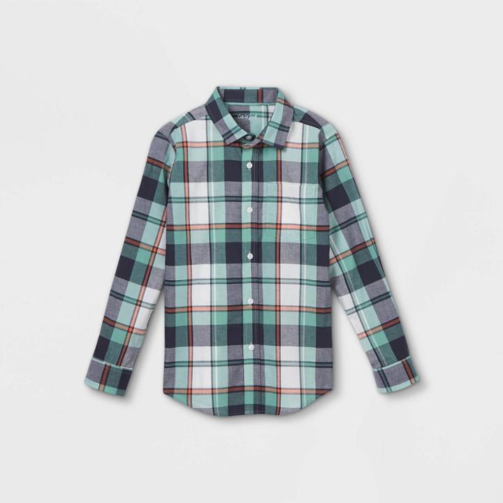 Plusboys' Button-down Stretch Woven Long Sleeve Shirt - Cat & Jack Green/navy