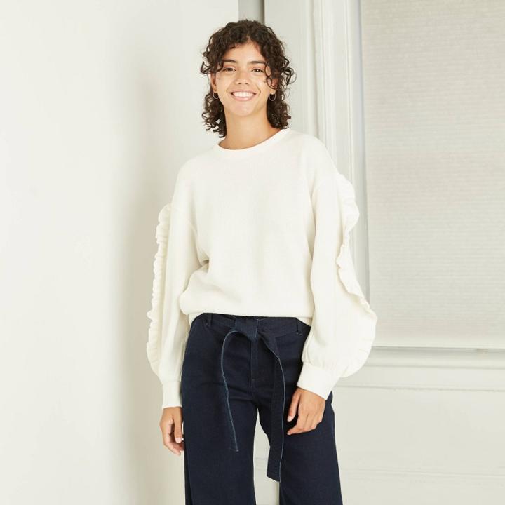Women's Ruffle Sleeve Sweatshirt - A New Day Cream