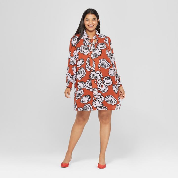 Women's Plus Size Floral Print Long Sleeve Tie Neck Mini Dress - Who What Wear Spice Floral