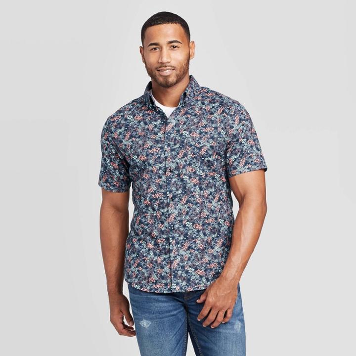 Men's Floral Print Slim Fit Short Sleeve Poplin Button-down Shirt - Goodfellow & Co Blue S, Men's,