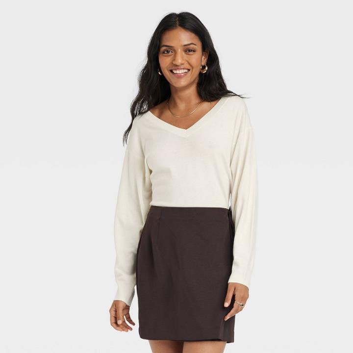 Women's Fine Gauge V-neck Sweater - A New Day Cream