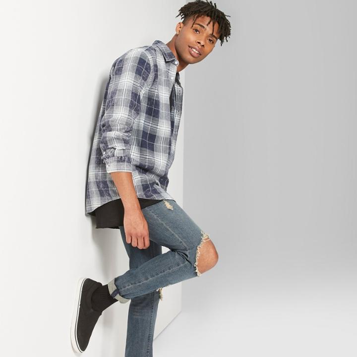 Men's Plaid Long Sleeve Washed Flannel Shirt - Original Use Fighter Pilot Blue
