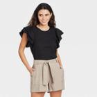 Women's Ruffle Short Sleeve Linen Top - A New Day Black