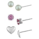 Target Girls' Sterling Silver 3 Pr-pearl/heart/puffed Heart Stud Earring Set-4mm-pink/white