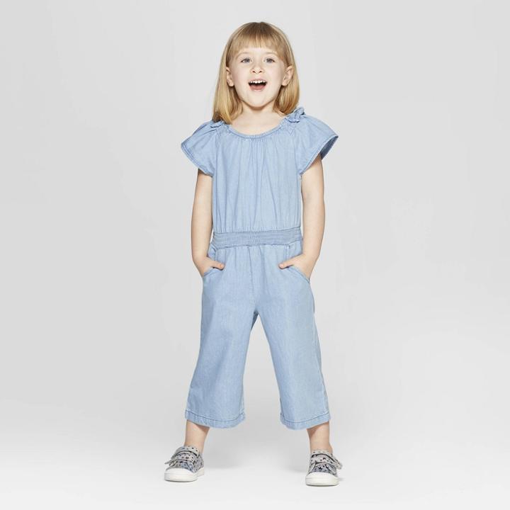 Toddler Girls' Denim Shoulder Romper - Cat & Jack Blue