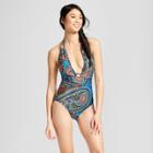 Clean Water Women's Paisley Plunge Halter One Piece Swimsuit - Blue Paisley