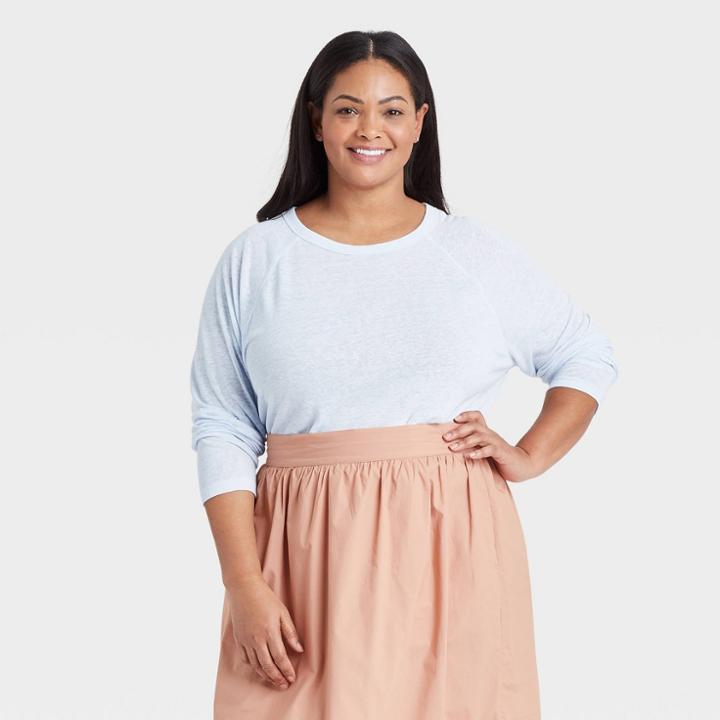 Women's Plus Size Long Sleeve Linen T-shirt - A New Day Blue