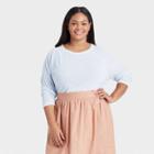 Women's Plus Size Long Sleeve Linen T-shirt - A New Day Blue