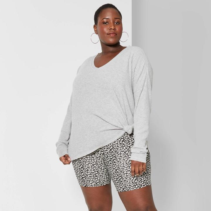 Women's Plus Size Long Sleeve V-neck Cozy T-shirt - Wild Fable Heather Gray 1x, Heather Grey