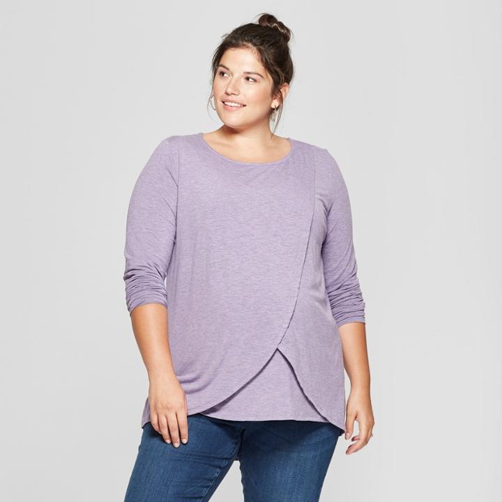 Maternity Plus Size Long Sleeve Cross-panel Nursing Top - Isabel Maternity By Ingrid & Isabel Lavender Heather