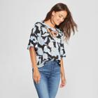 Women's Floral Print Short Sleeve Lattice Neck Blouse - Lux Ii - Blue