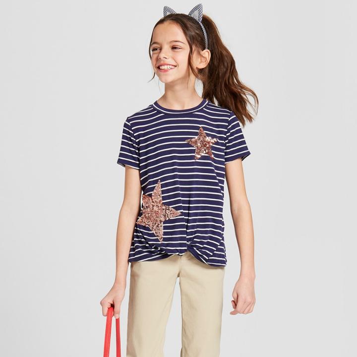 Miss Chievous Girls' Short Sleeve Gold Star Shark Bite Graphic T-shirt - Blue
