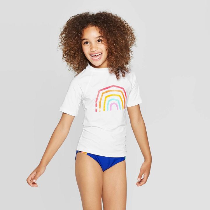 Girls' Rainbow Print Short Sleeve Rash Guard - Cat & Jack White L Plus, Girl's, Size: