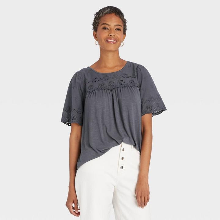 Women's Short Sleeve Eyelet Detail Blouse - Knox Rose Navy