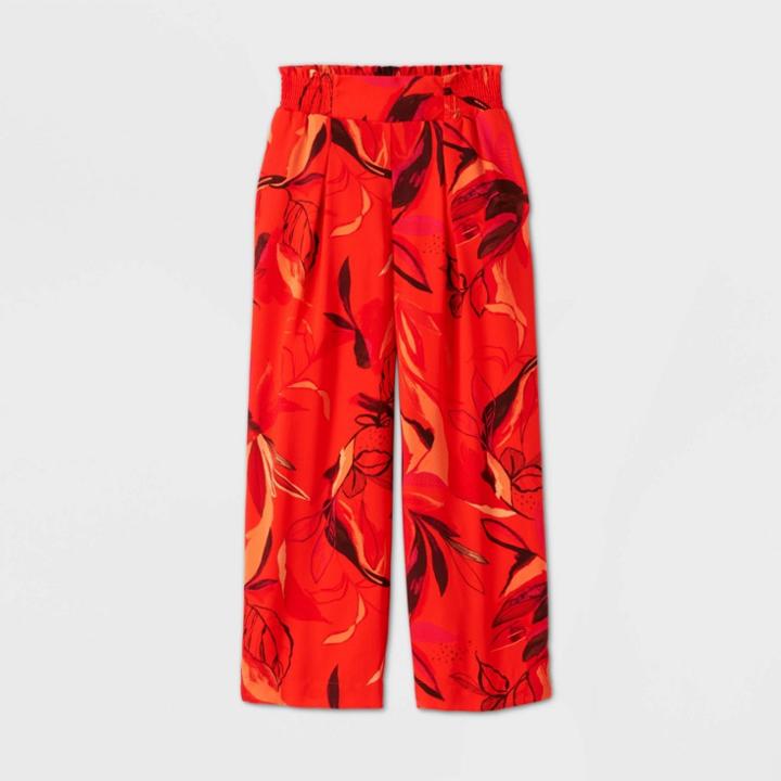 Women's Floral Print High-rise Wide Leg Cropped Pull-on Pants - A New Day Red