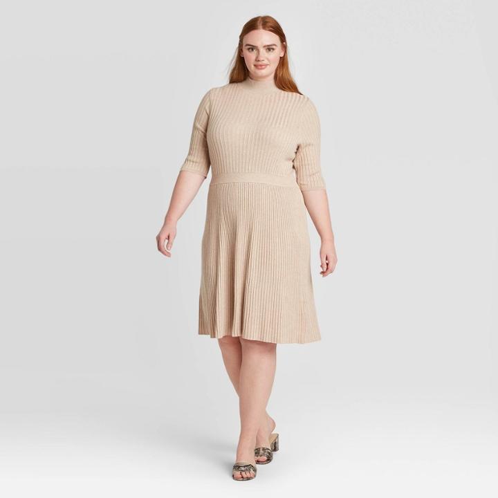 Women's Plus Size Elbow Sleeve Crewneck Flat Rib Sweater Dress - Who What Wear Gray 1x, Women's,