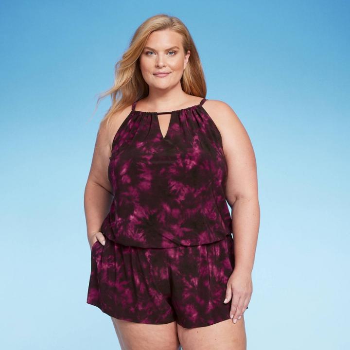 Women's Upf 50 High Neck Swim Romper With Pockets One Piece Swimsuit - Aqua Green Red