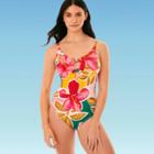Women's Slimming Control Tie Front One Piece Swimsuit - Beach Betty By Miracle Brands Multi Tropical S, Women's, Size: Small,