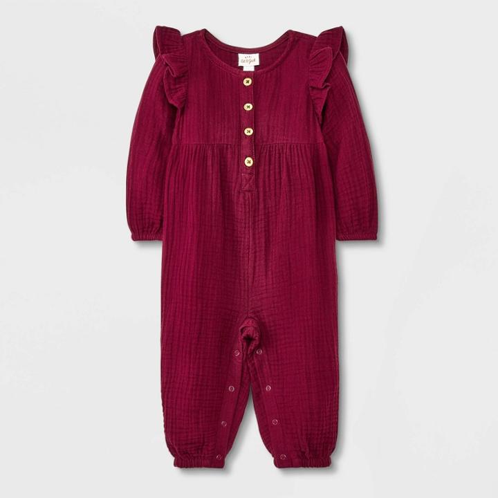 Baby Girls' Gauze Long Sleeve Pants Romper - Cat & Jack Burgundy