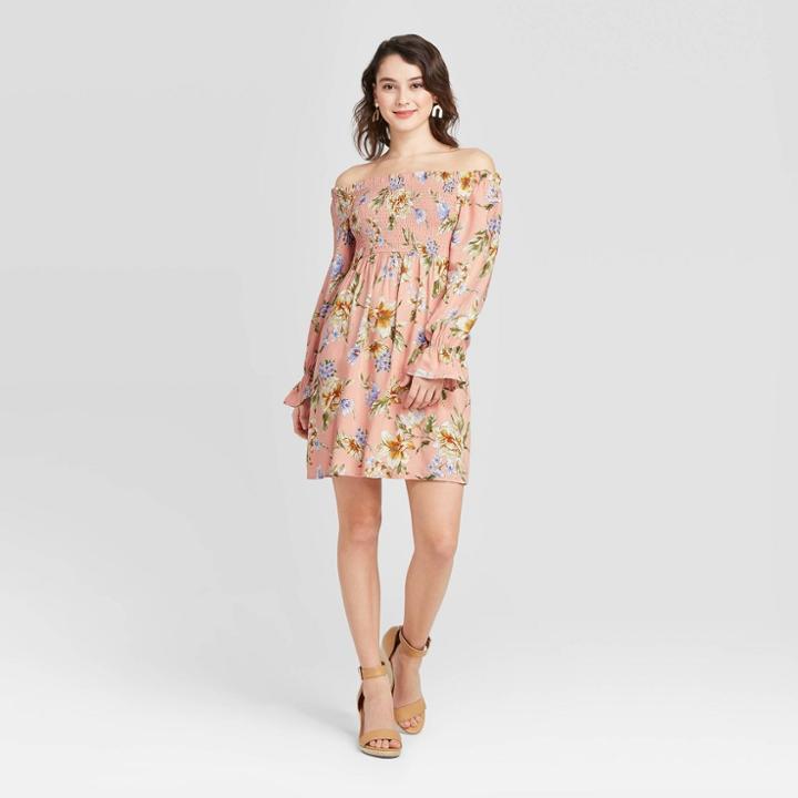 Women's Floral Print Long Sleeve Smocked Top Mini Dress - Xhilaration Pink
