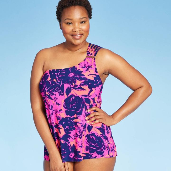 Women's Strappy Back One Shoulder Tankini Top - Aqua Green M, Women's, Size: Medium,