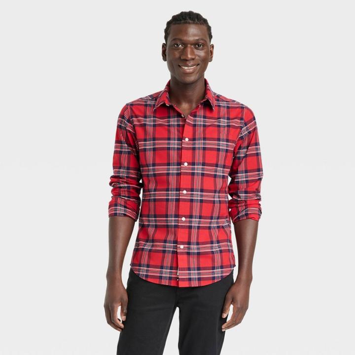 Men's Regular Fit Stretch Poplin Long Sleeve Button-down Shirt - Goodfellow & Co Tomato Red