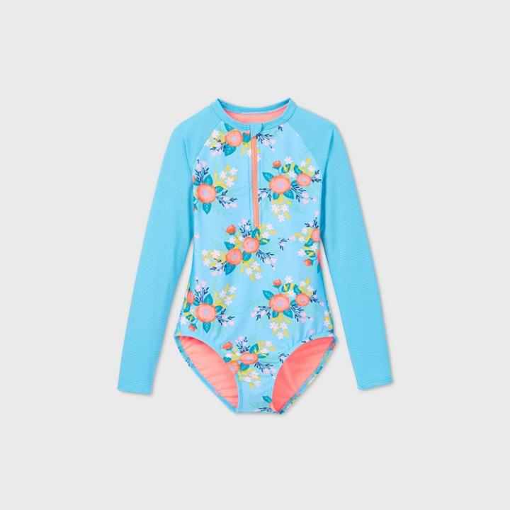 Girls' Long Sleeve Ribbed Floral One Piece Swimsuit - Cat & Jack Blue