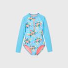 Girls' Long Sleeve Ribbed Floral One Piece Swimsuit - Cat & Jack Blue