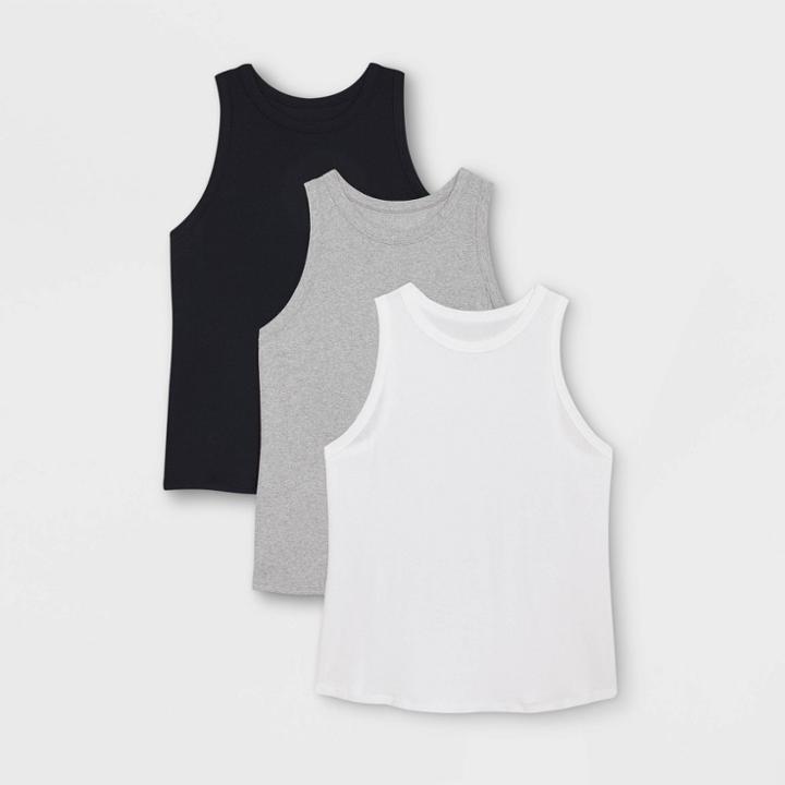 Women's Plus Size Slim Fit Ribbed 3pk Bundle Tank Top - A New Day Black/white/gray