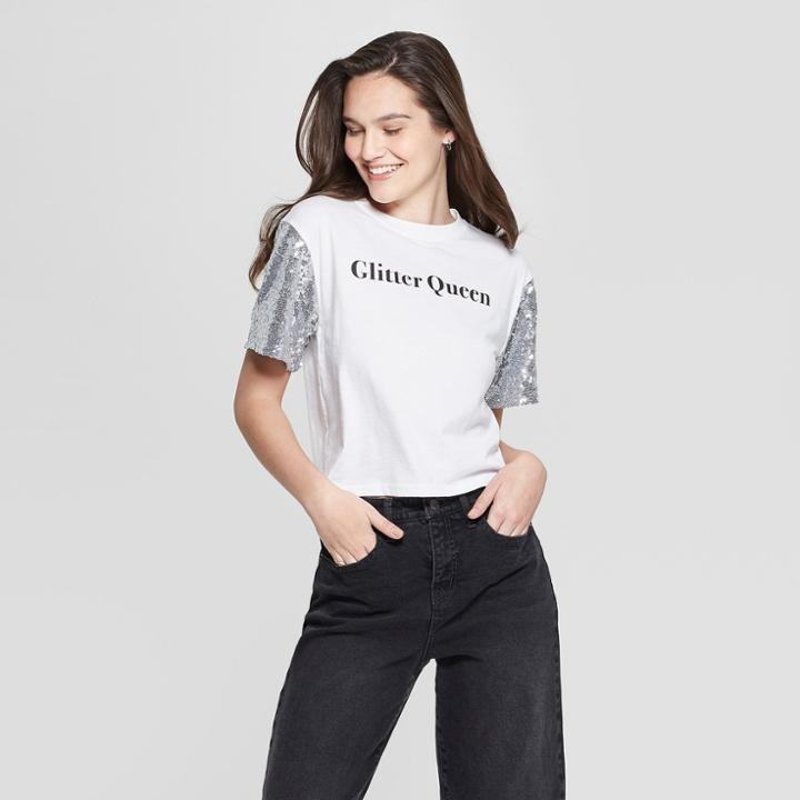 Women's Short Sleeve Glitter Queen Cropped Graphic T-shirt - Mighty Fine (juniors') Black/silver