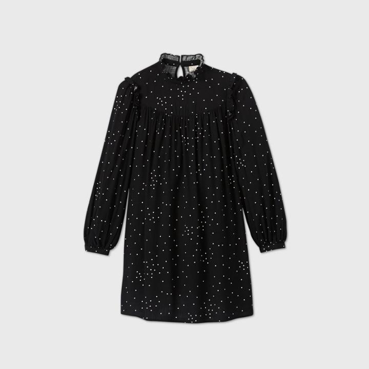 Women's Polka Dot Long Sleeve Ruffle Dress - A New Day Black
