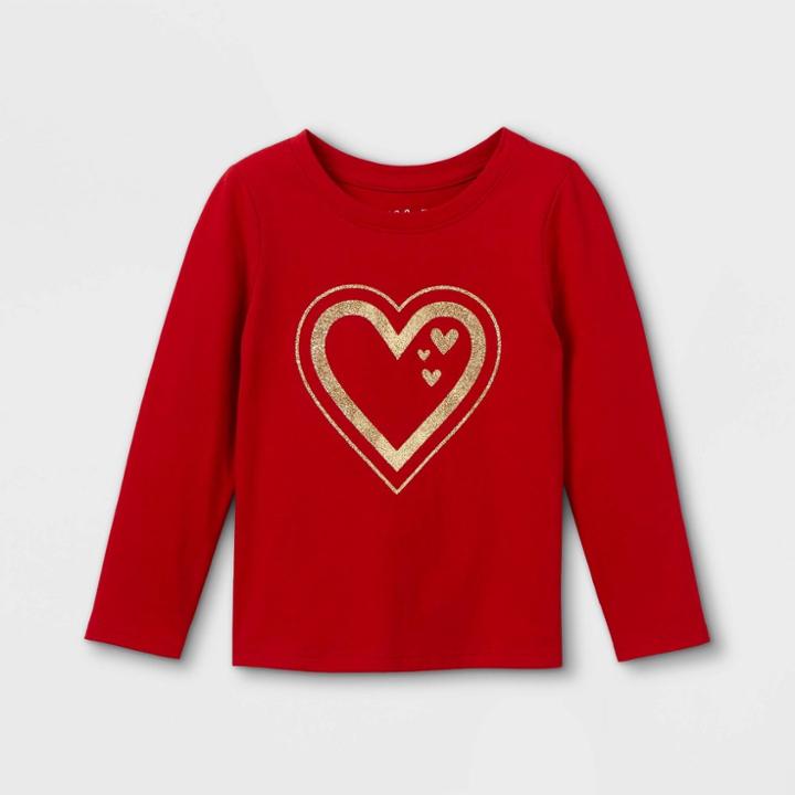 Toddler Girls' Glitter Heart Long Sleeve Graphic T-shirt - Cat & Jack Dark Red