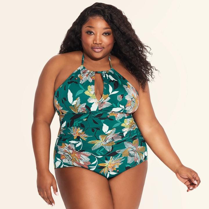 Target Women's Slimming Control High Neck Keyhole One Piece Swimsuit - Dreamsuit By Miracle Brands Green Floral