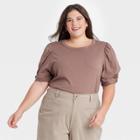 Women's Plus Size Slim Fit Puff Short Sleeve Round Neck T-shirt - A New Day Brown