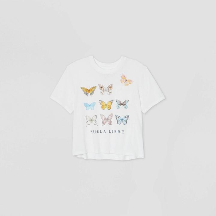 Recyclo Women's Butterfly Short Sleeve Boxy Cropped Graphic T-shirt - White