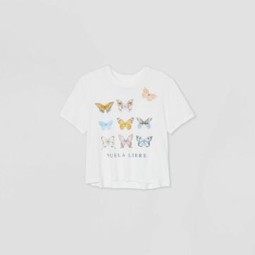 Recyclo Women's Butterfly Short Sleeve Boxy Cropped Graphic T-shirt - White
