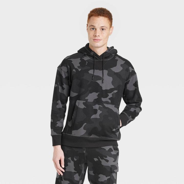 Men's Cotton Fleece Hooded Sweatshirt - All In Motion Black Camo Print
