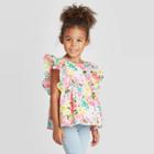Toddler Girls' Floral Woven Blouse With Shine - Cat & Jack Pink 12m, Toddler Girl's
